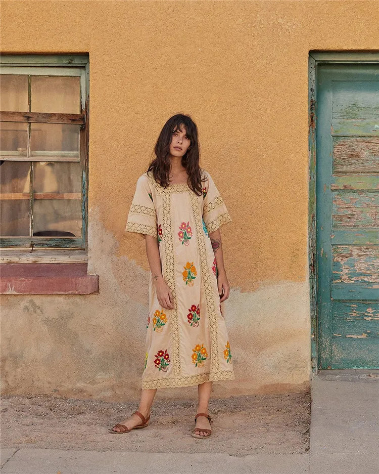 Bohemian Bloom | Embroidered Linen Dress